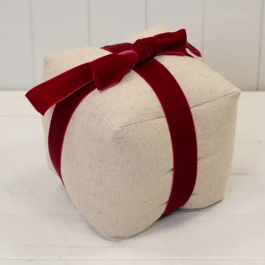 Natural Christmas Present Doorstop With Red Bow