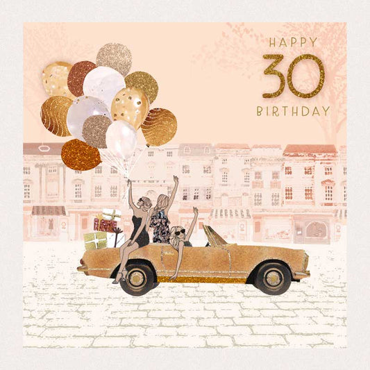 Happy 30th Birthday Ballons and Car Greetings Card
