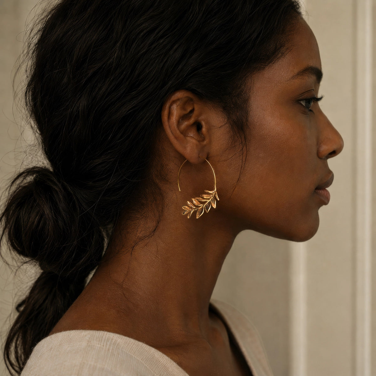 Botanical Leaf Hoop Earrings Gold