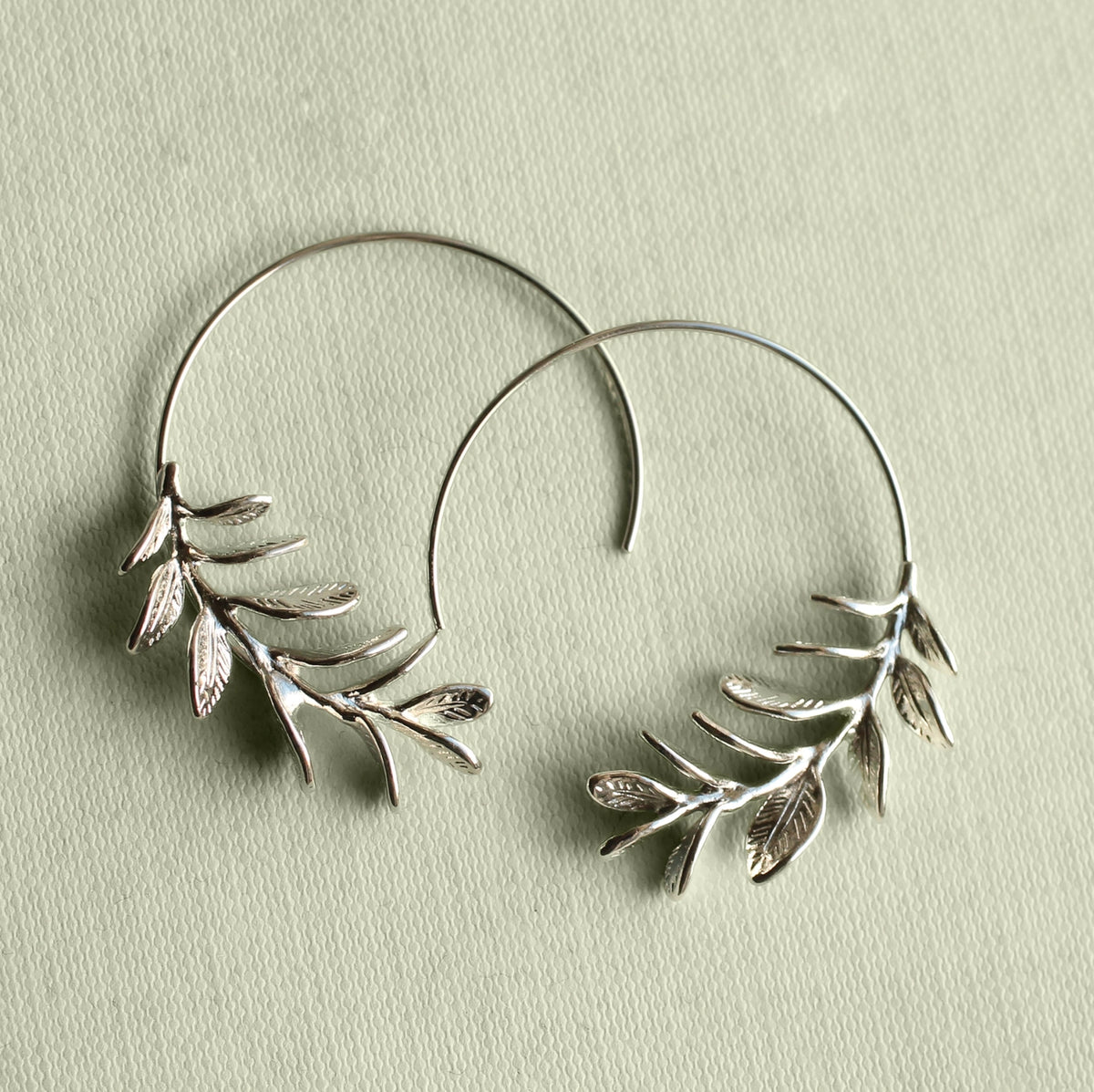 Botanical Leaf Hoop Earrings Silver
