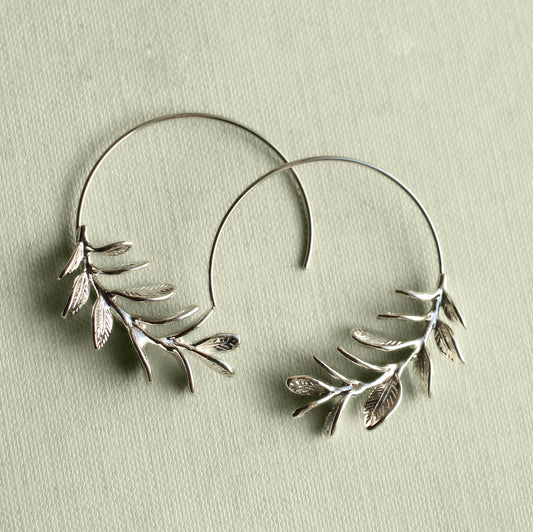 Botanical Leaf Hoop Earrings Silver