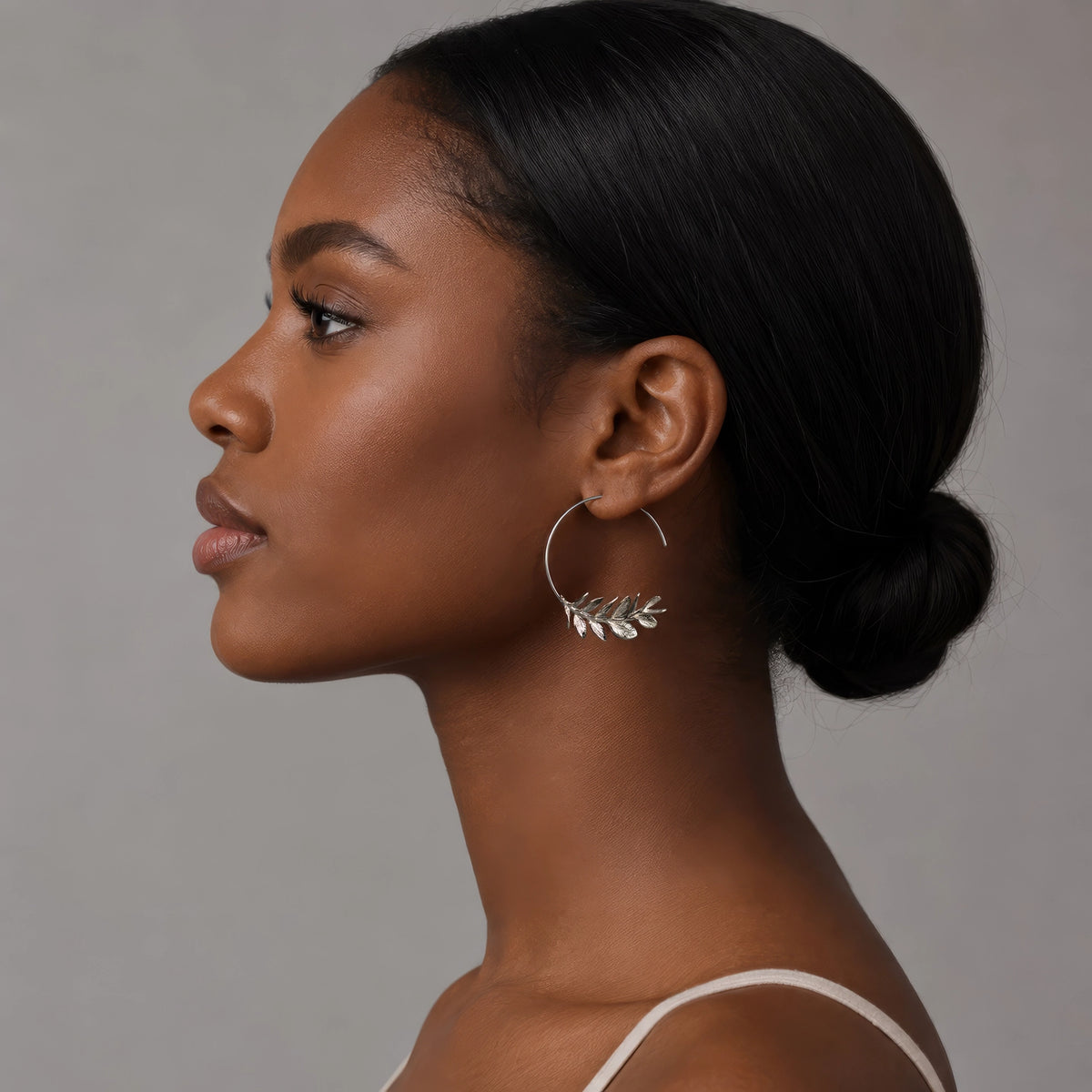 Botanical Leaf Hoop Earrings Silver