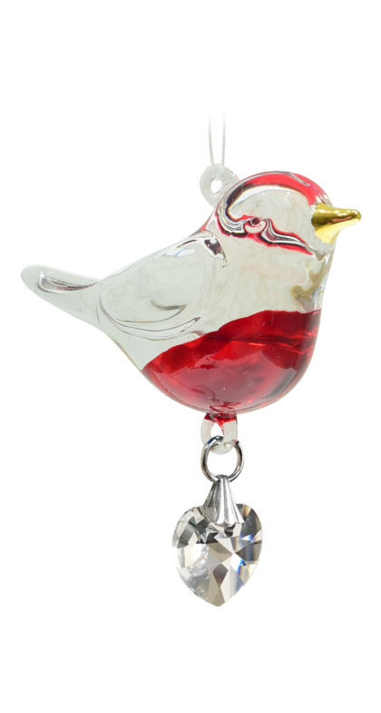 Fantasy Glass Robin Bird With Crystal Heart