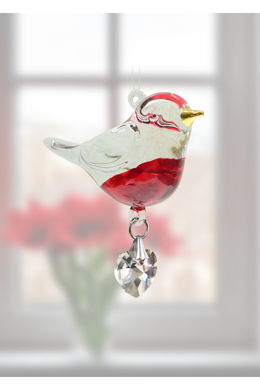 Fantasy Glass Robin Bird With Crystal Heart