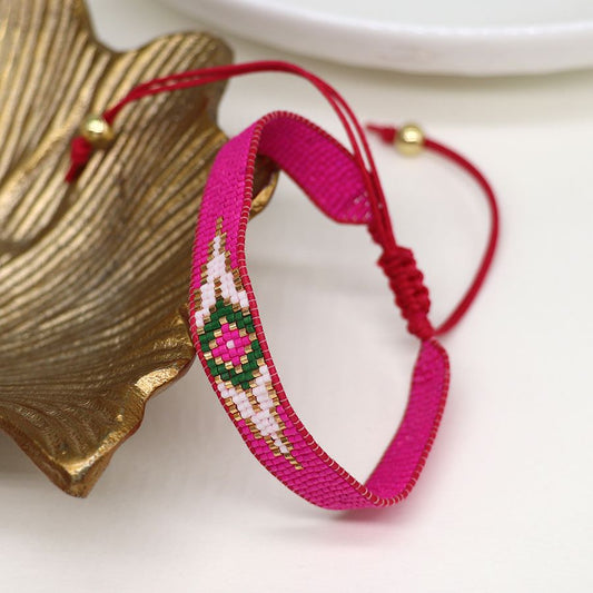 Bright Pink ‘Evil Eye’ Handloomed Beaded Bracelet
