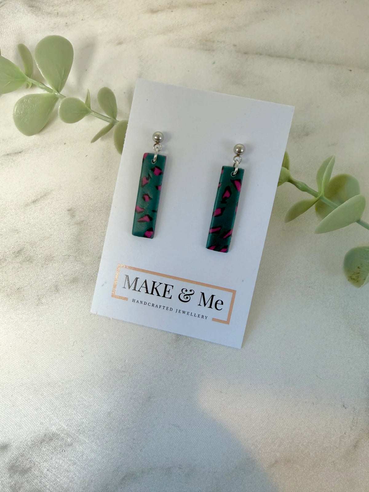 Leopard Print Rectangular Earrings Silver, Green & Pink