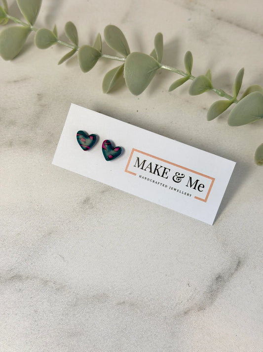 Leopard Print Heart Stud Earrings Silver, Green & Pink