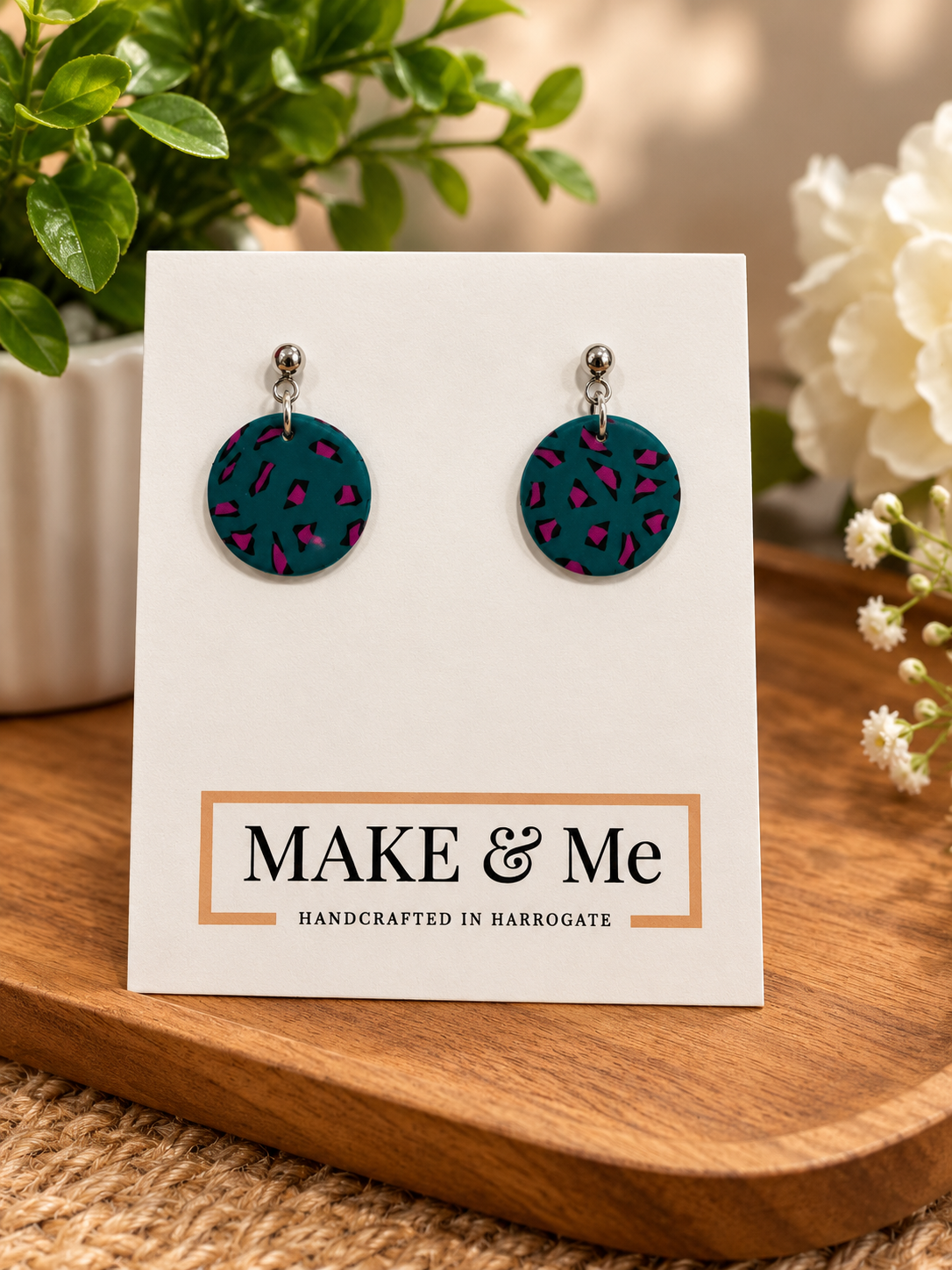 Leopard Print Large Button Drop Earrings Silver, Green & Pink