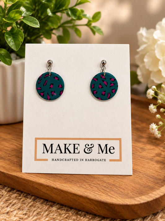 Leopard Print Large Button Drop Earrings Silver, Green & Pink