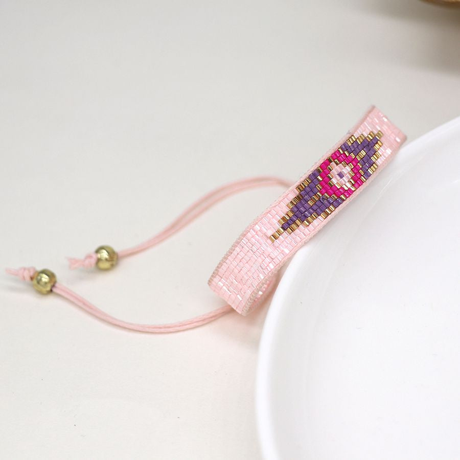 Baby Pink & Lilac ‘Evil Eye’ Handloomed Beaded Bracelet