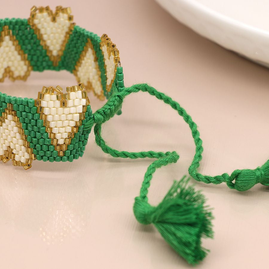 Green & White Hearts Beaded Ribbon Bracelet