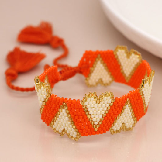 Orange & White Hearts Beaded Ribbon Bracelet