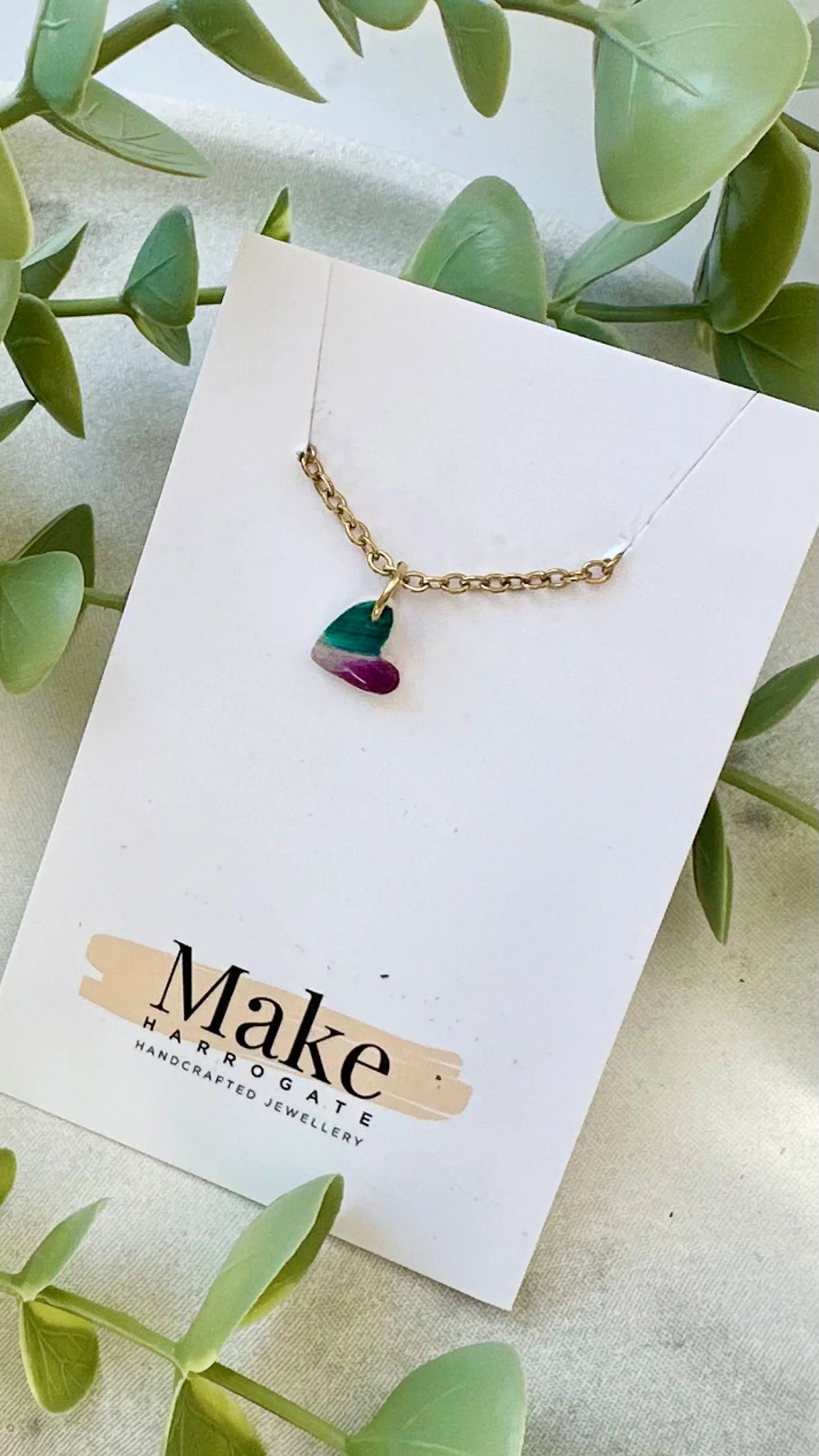 Hand Painted Small Heart Necklace Pink/Green