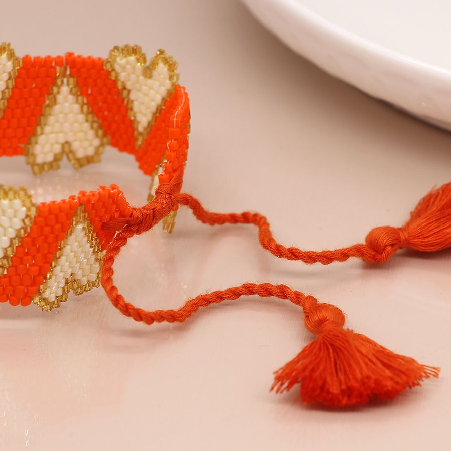 Orange & White Hearts Beaded Ribbon Bracelet