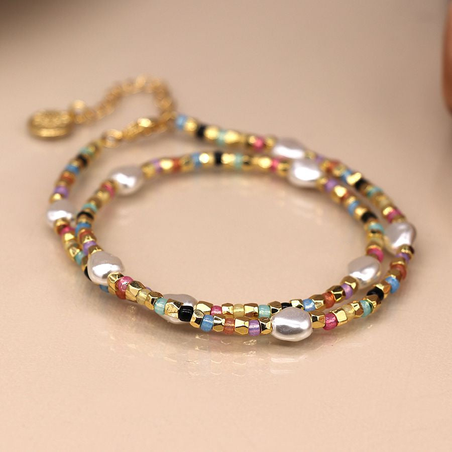 Multi Coloured & Gold Glass Bead Necklace