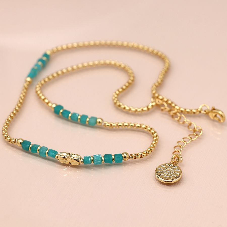 Aqua Bead Gold Plated Chain Necklace
