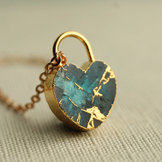 Padlock Heart Turquoise Gemstone Necklace Gold