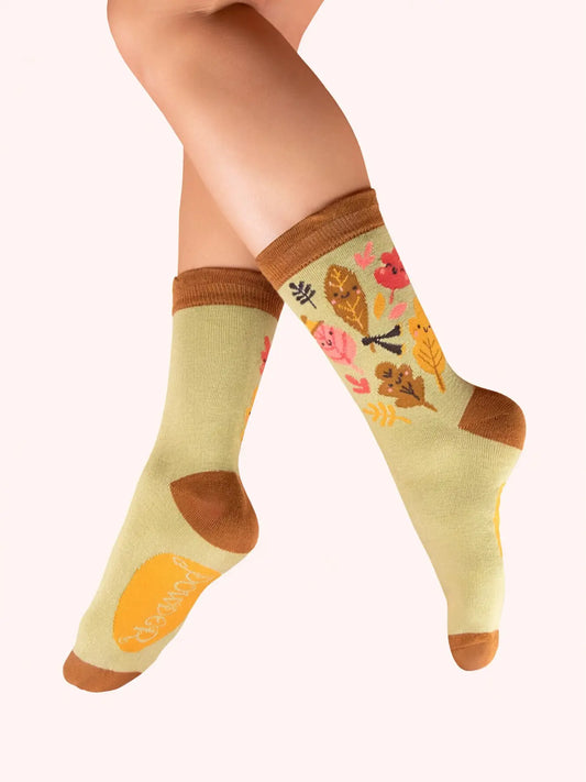 Happy Leaves Ladies Socks- Green