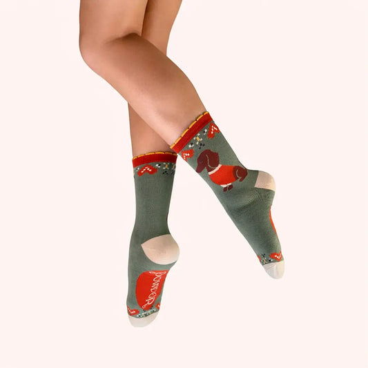 Sausage Dogs Ladies Socks- Olive