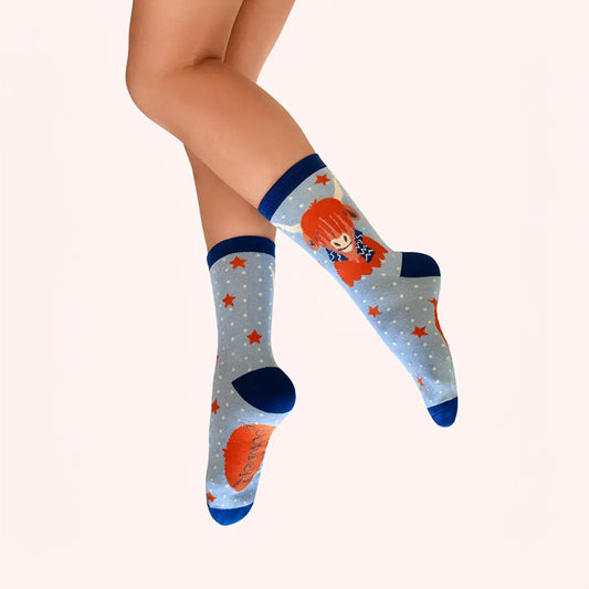 Glitter Highland Cow Ladies Socks- Blue