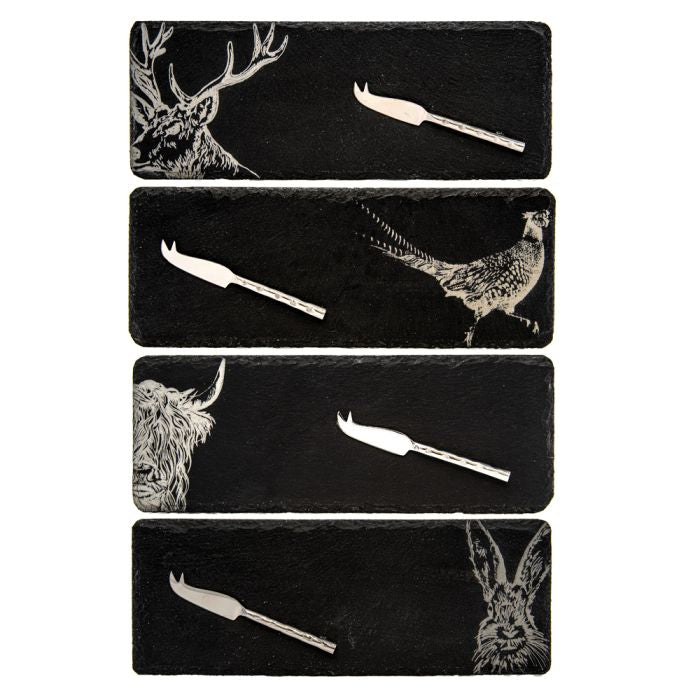 Four Mini Slate Cheese Board & Knife Sets - Country Animals