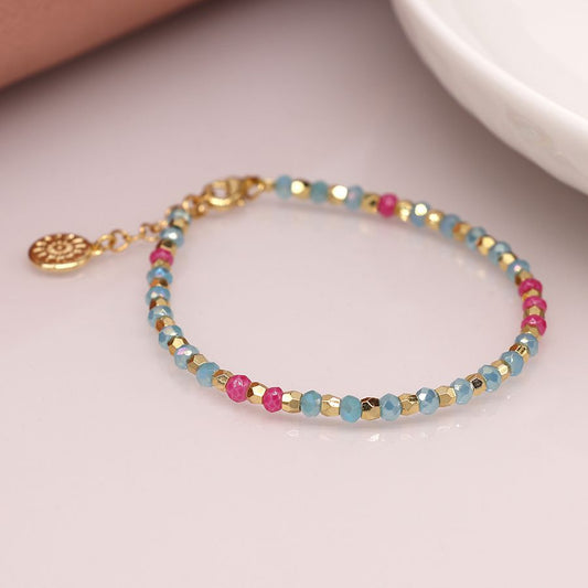 Pink & Aqua Glass Bead and Gold Adjustable Bracelet