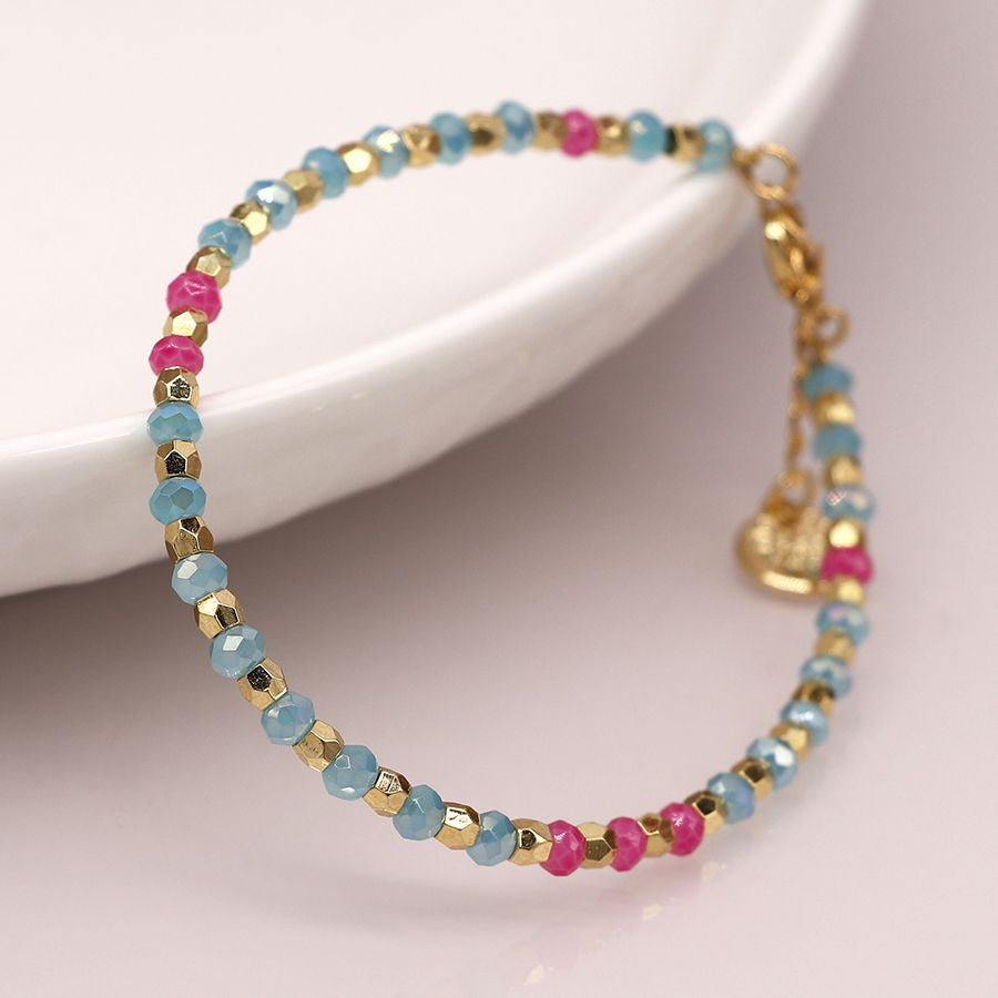 Pink & Aqua Glass Bead and Gold Adjustable Bracelet