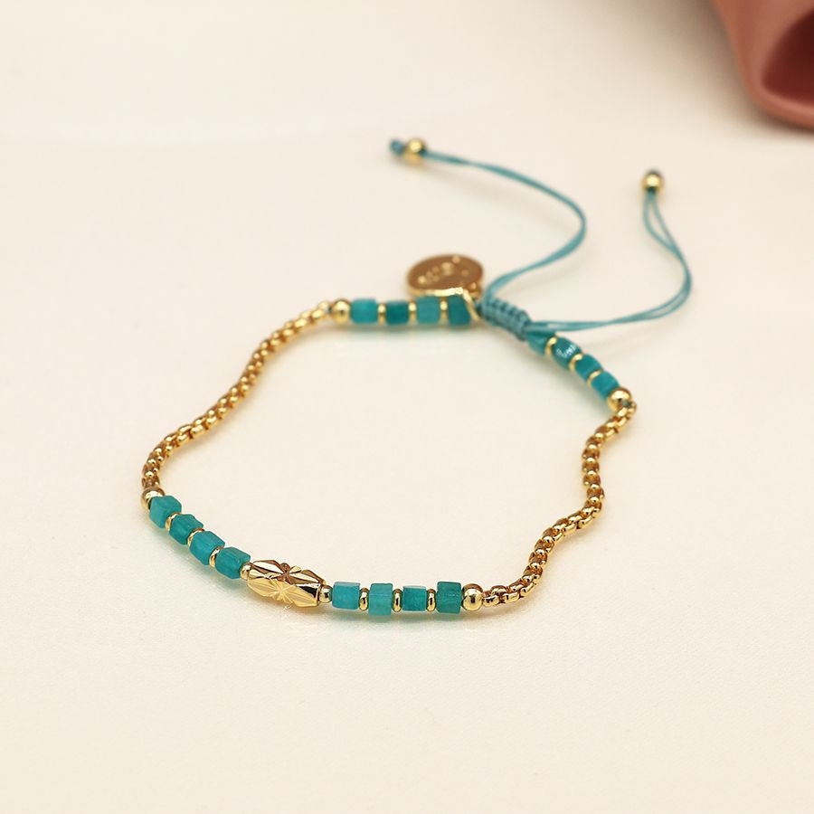 Aqua Bead Gold Plated Chain Adjustable Bracelet