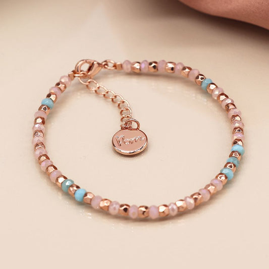 Pink & Lilac Glass Bead and Rose Gold Adjustable Bracelet