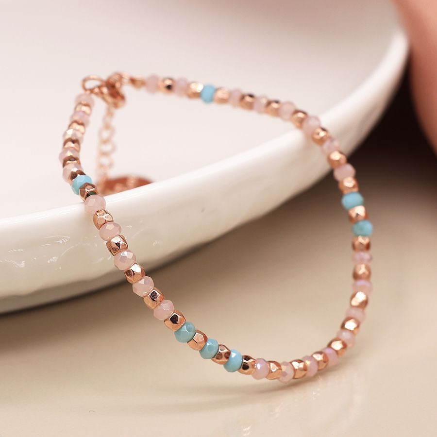 Pink & Lilac Glass Bead and Rose Gold Adjustable Bracelet
