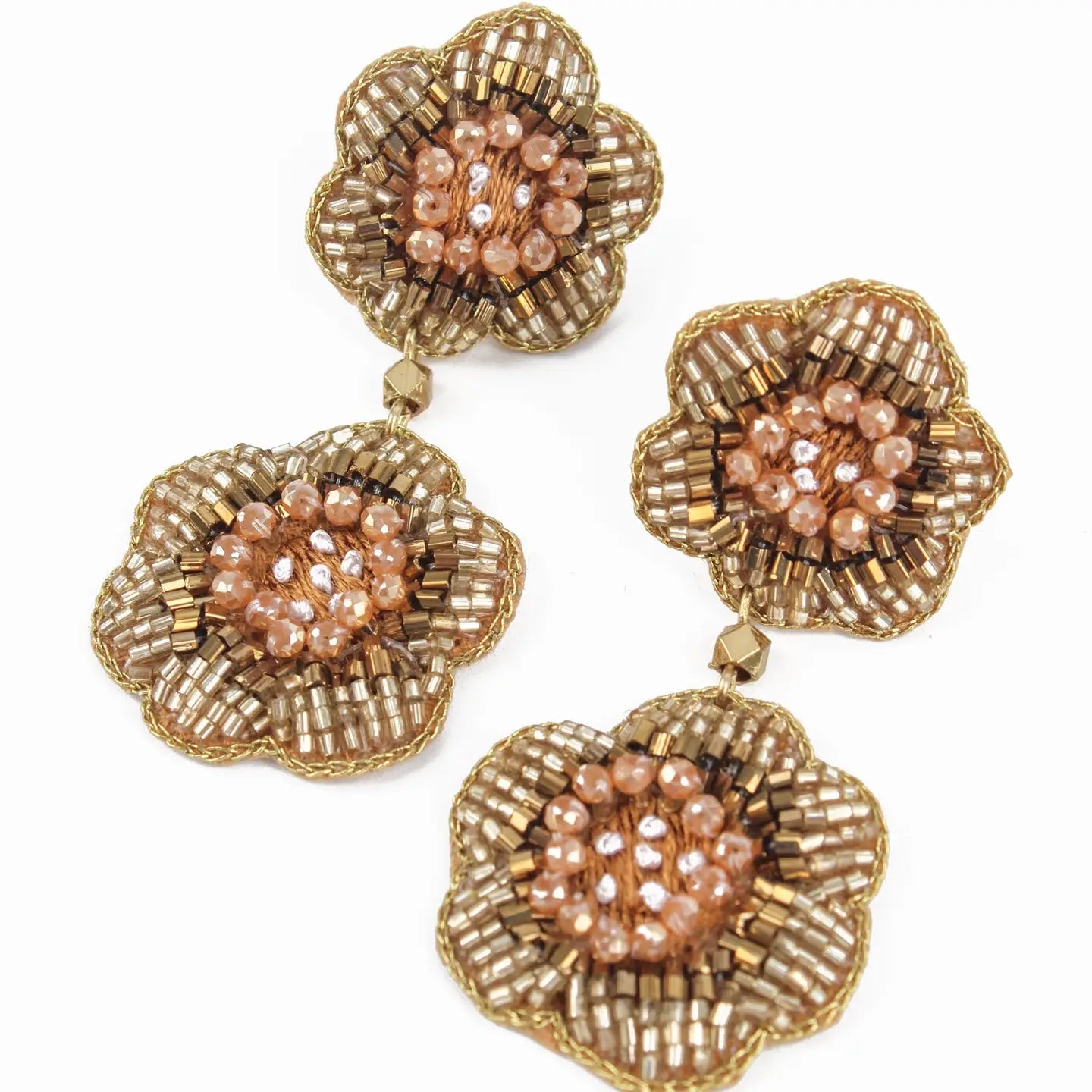 Gold Coloured Beaded Flower Earrings