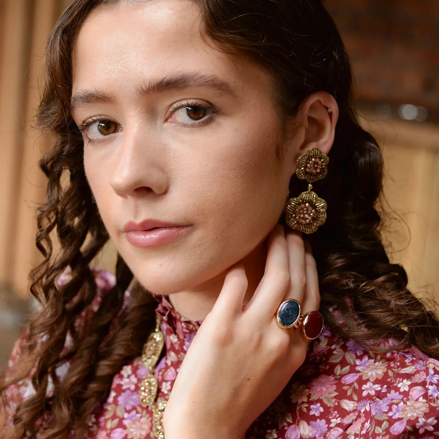 Gold Coloured Beaded Flower Earrings