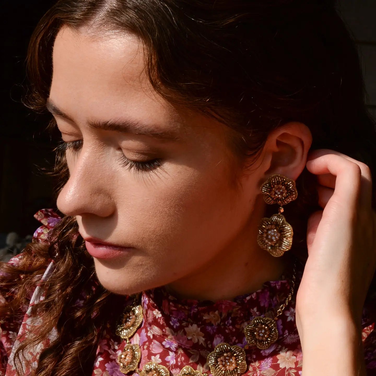 Gold Coloured Beaded Flower Earrings