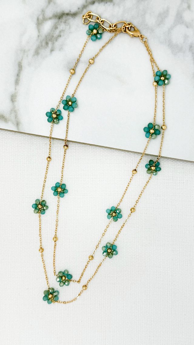 Envy Beaded Flower Necklace Gold & Turquoise