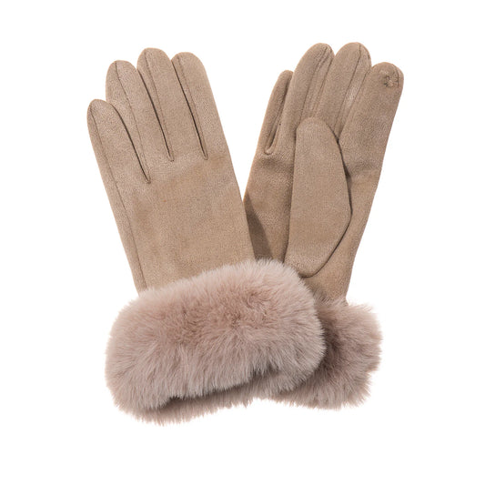 Faux Suede Gloves with Fur Trim in Brown
