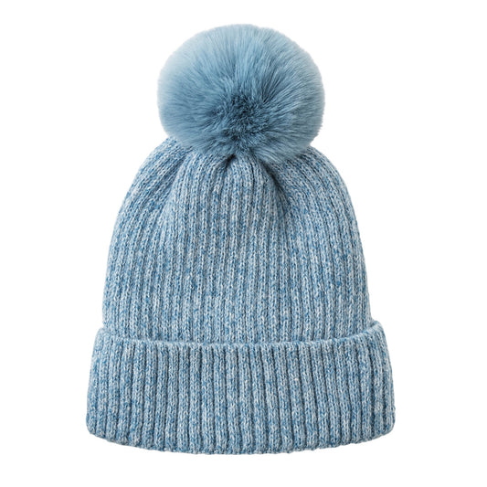 Pom-Pom Ribbed Hat Blue