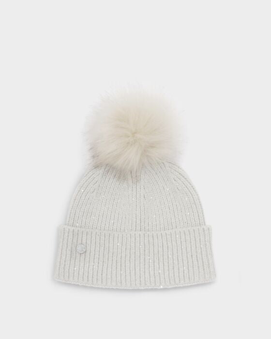 Katie Loxton Sequin Pom Pom Hat Pale Grey