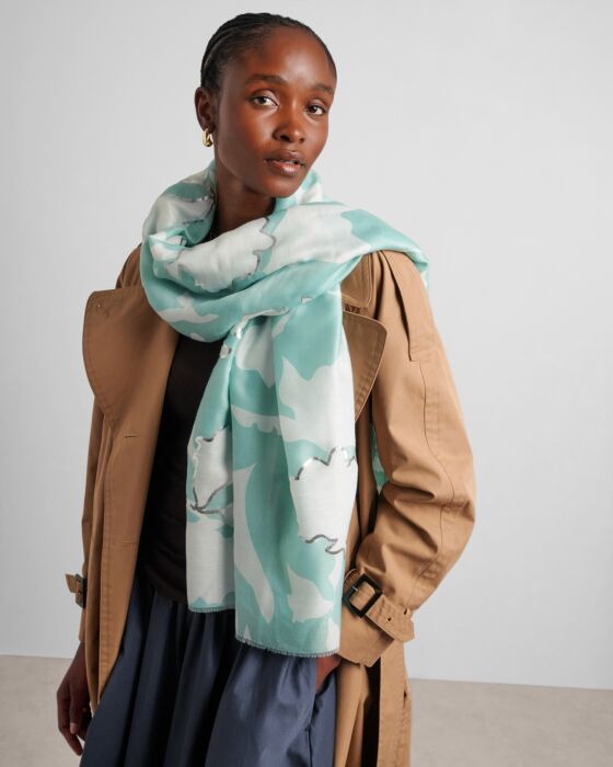 Katie Loxton Floral Print Foil Scarf Sage, White & Silver