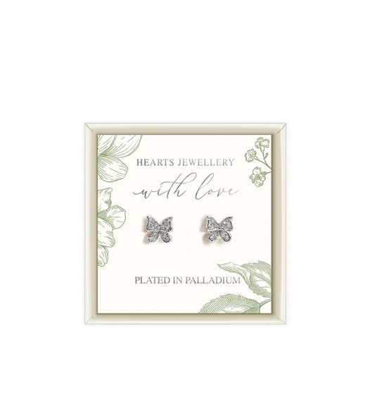 Palladium Plated Cubic Zirconia Butterfly Studs Cream Gift Box