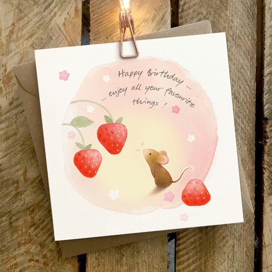 Birthday Mouse With Strawberries Greetings Card