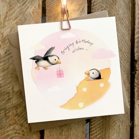 Bringing Birthday Wishes Puffins Greetings Card