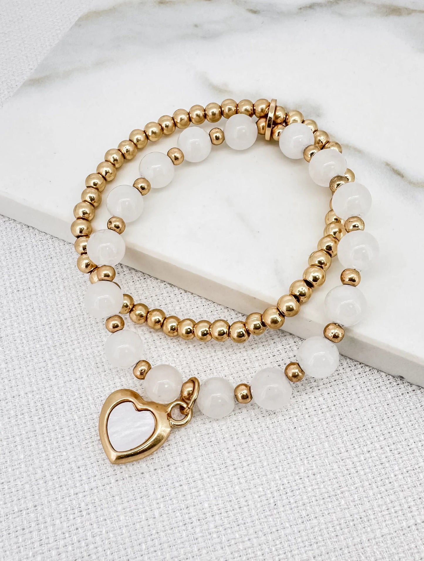 Envy Gold & White Layered Stretch Bracelets With Heart Charm