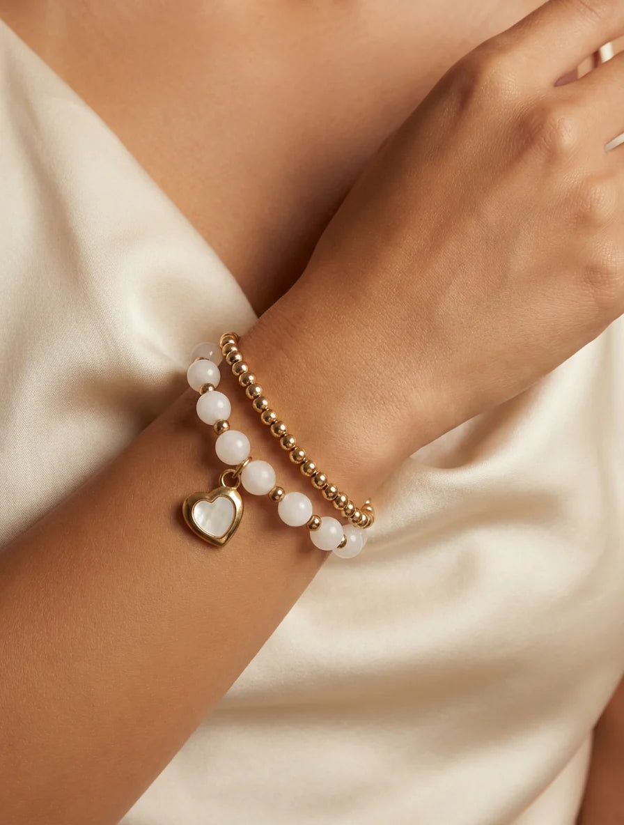 Envy Gold & White Layered Stretch Bracelets With Heart Charm