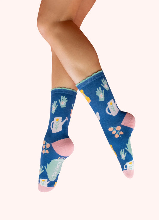 Gone Gardening Ladies Ankle Socks in Cobalt