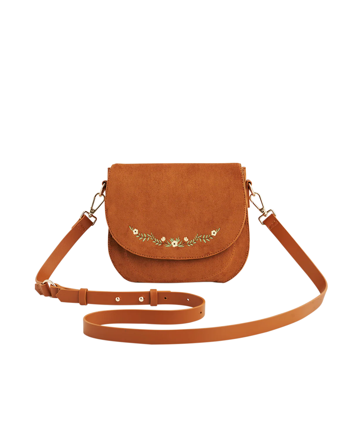 Fable Floral Embroidered Faux Suede Saddle Bag Tan