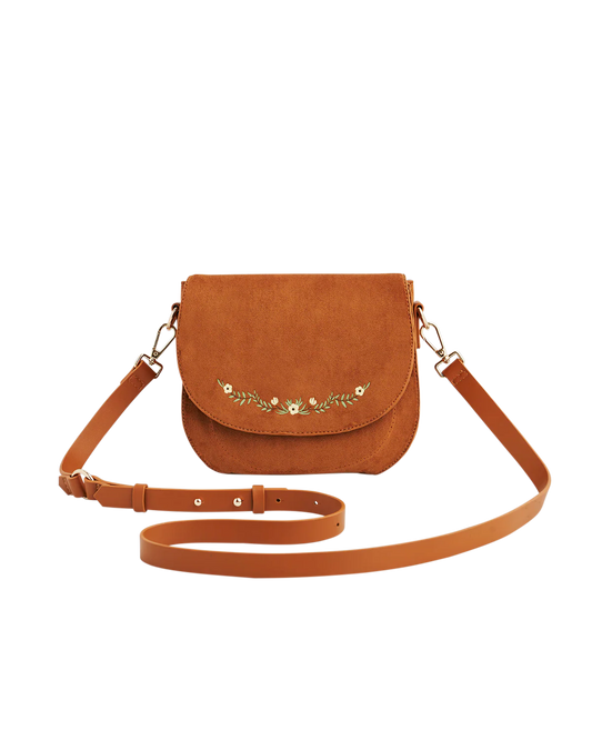 Fable Floral Embroidered Faux Suede Saddle Bag Tan