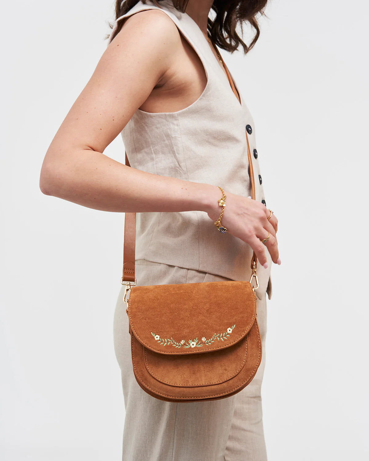 Fable Floral Embroidered Faux Suede Saddle Bag Tan