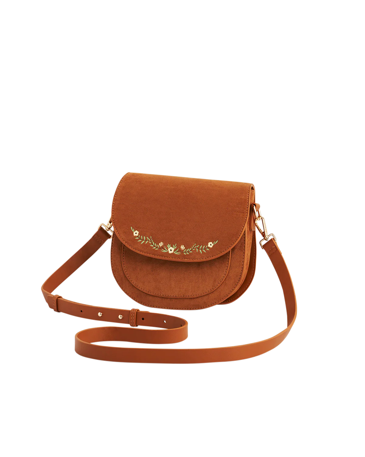Fable Floral Embroidered Faux Suede Saddle Bag Tan