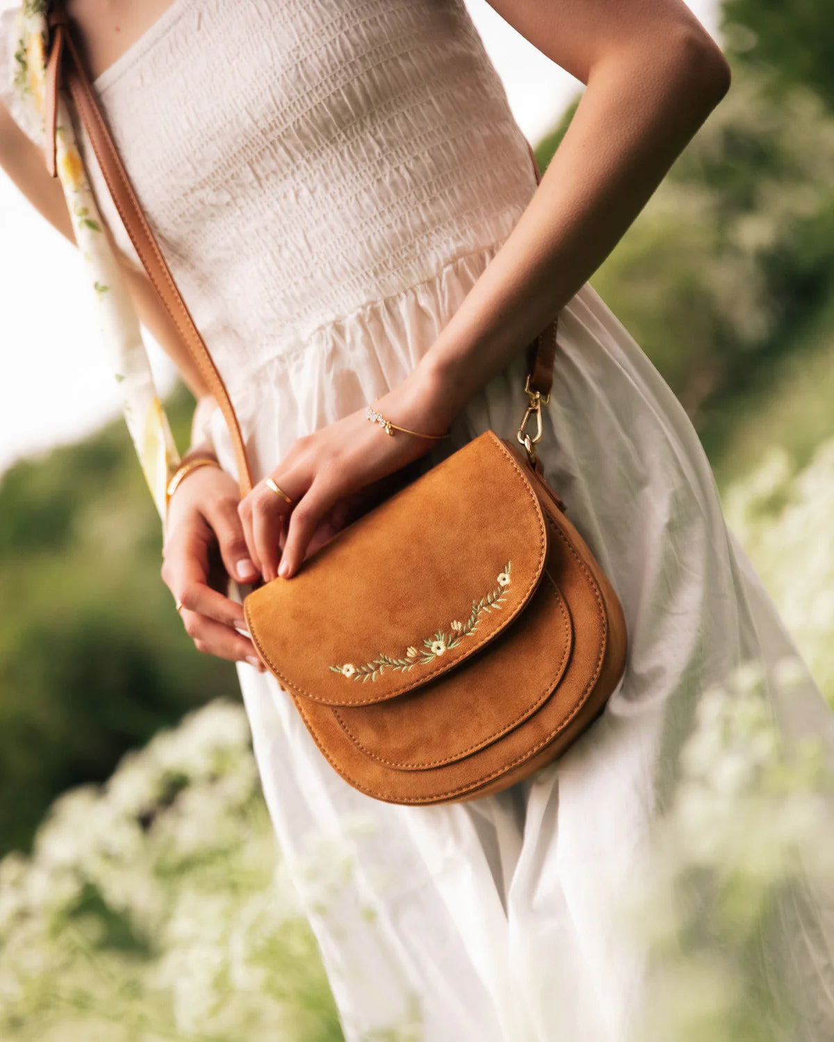 Fable Floral Embroidered Faux Suede Saddle Bag Tan