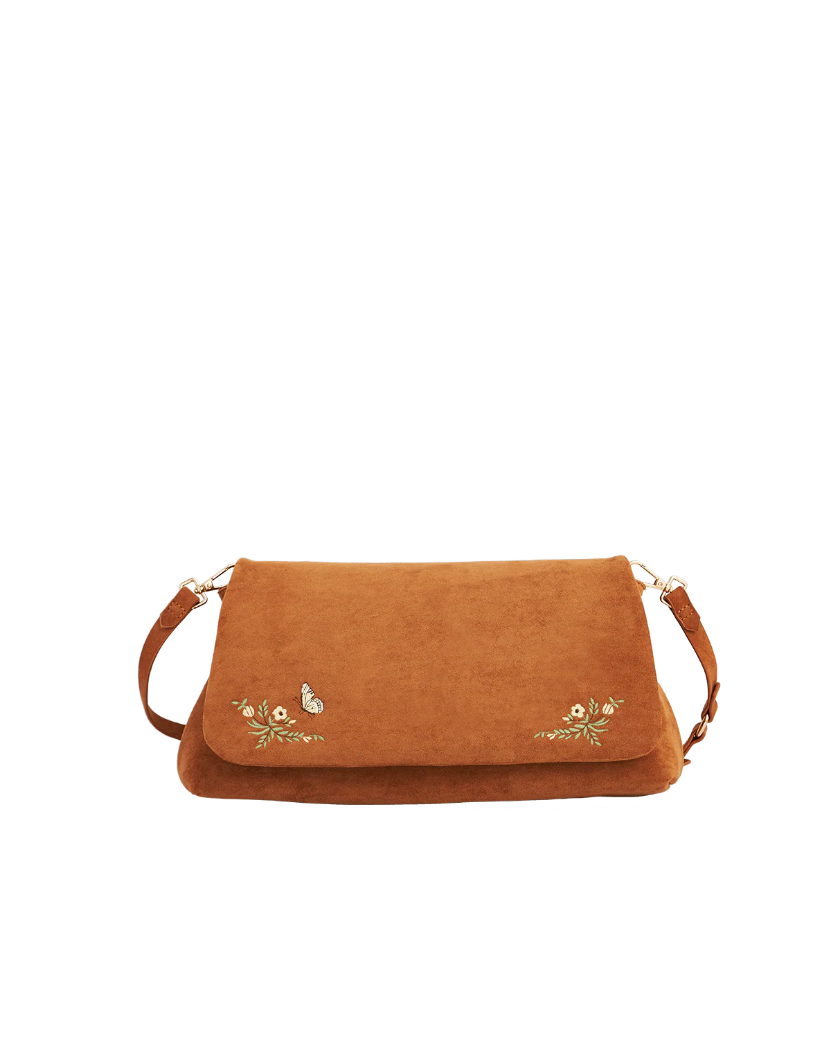 Fable Floral Embroidered Faux Suede Saddle Bag Tan